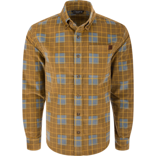 Mid-Wale Corduroy Shirt with a plaid pattern, button-down collar, chest pocket, and sculpted hem. Offers comfort with stretch, suitable for casual or active wear.