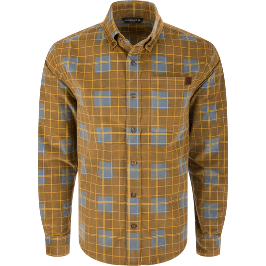 Mid-Wale Corduroy Shirt with a plaid pattern, button-down collar, chest pocket, and sculpted hem. Offers comfort with stretch, suitable for casual or active wear.