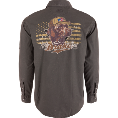 Back view of Cinco Ranch Cotton Acid Wash Graphic Shirt featuring a chocolate Labrador with cap, American flag pattern, and Drake on back.