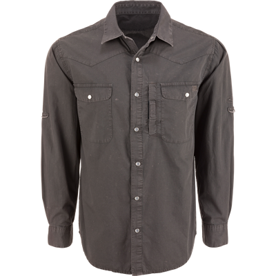Cinco Ranch Cotton Acid Wash Graphic Shirt on mannequin; features snap buttons, flap chest pockets, and adjustable sleeves; embodies vintage-inspired design with exclusive Drake back graphic.