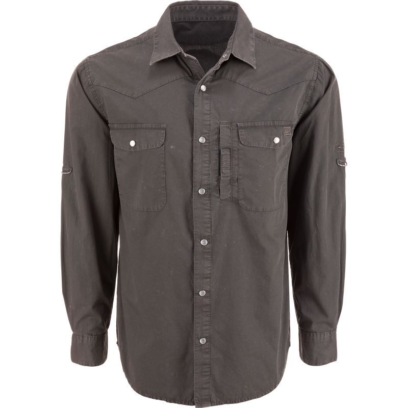 Cinco Ranch Cotton Acid Wash Graphic Shirt on mannequin; features snap buttons, flap chest pockets, and adjustable sleeves; embodies vintage-inspired design with exclusive Drake back graphic.