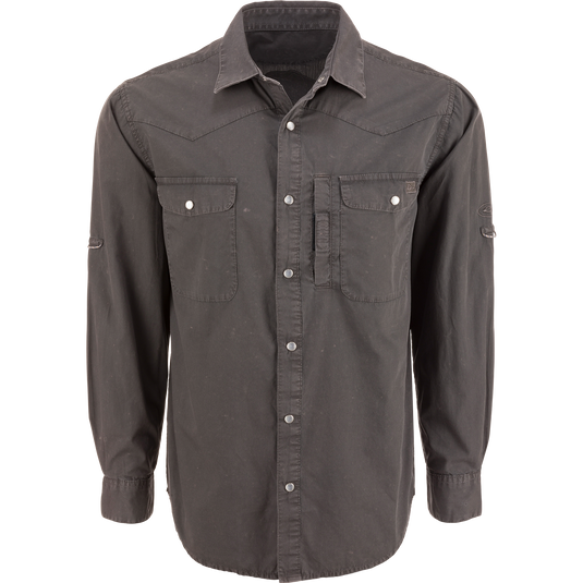 Cinco Ranch Cotton Acid Wash Graphic Shirt on mannequin; features snap buttons, flap chest pockets, and adjustable sleeves; embodies vintage-inspired design with exclusive Drake back graphic.