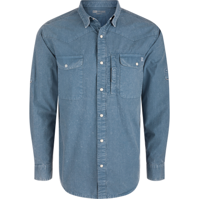 Cinco Ranch Cotton Acid Wash Graphic Shirt features Western yoke, faux pearl snaps, and chest flap pockets, showcasing Drake's blend of style and functionality.