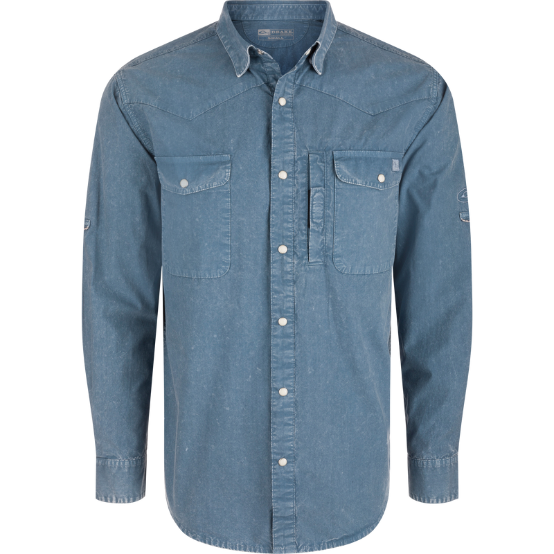 Cinco Ranch Cotton Acid Wash Graphic Shirt features Western yoke, faux pearl snaps, and chest flap pockets, showcasing Drake's blend of style and functionality.