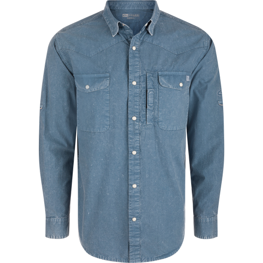 Cinco Ranch Cotton Acid Wash Graphic Shirt features Western yoke, faux pearl snaps, and chest flap pockets, showcasing Drake's blend of style and functionality.