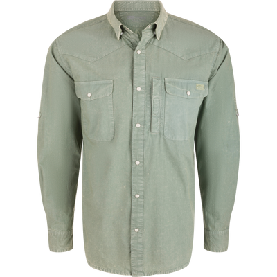 Cinco Ranch Cotton Acid Wash Graphic Shirt with snap-front, flap chest pockets, roll-sleeve tabs, and unique Drake back graphic, ideal for rugged outdoor wear.