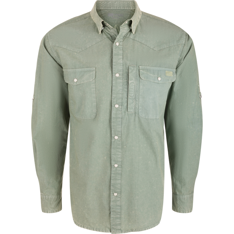 Cinco Ranch Cotton Acid Wash Graphic Shirt with snap-front, flap chest pockets, roll-sleeve tabs, and unique Drake back graphic, ideal for rugged outdoor wear.