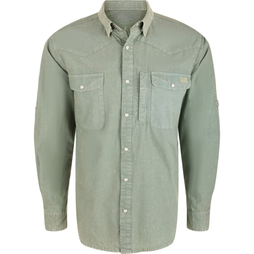 Cinco Ranch Cotton Acid Wash Graphic Shirt with snap-front, flap chest pockets, roll-sleeve tabs, and unique Drake back graphic, ideal for rugged outdoor wear.