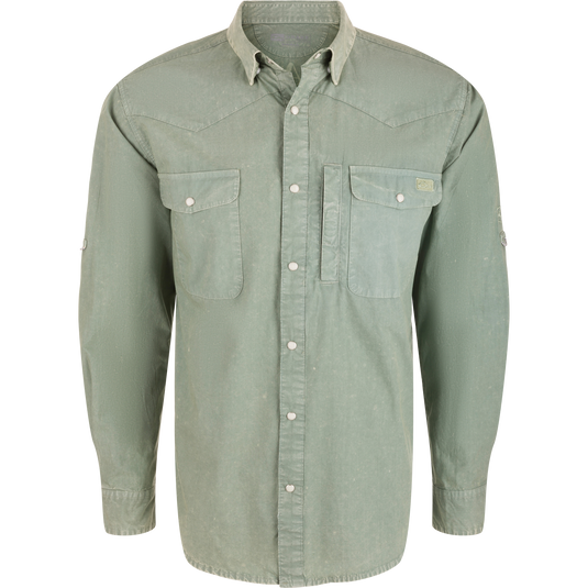 Cinco Ranch Cotton Acid Wash Graphic Shirt with snap-front, flap chest pockets, roll-sleeve tabs, and unique Drake back graphic, ideal for rugged outdoor wear.