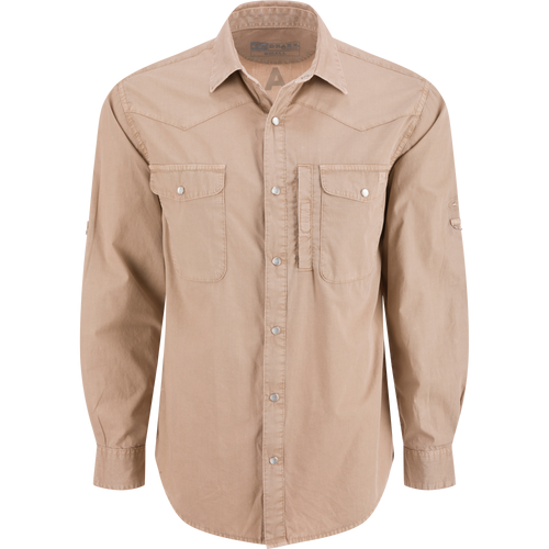 Cinco Ranch Cotton Acid Wash Graphic Shirt with snap closure, chest pockets, and adjustable sleeves, featuring a unique Drake back graphic and built-in sunglass wipe.