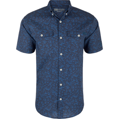 Cotton Marsh Print Short Sleeve Shirt featuring a button-down collar, button-through flap front pockets, and sculpted hem. Ideal for versatile, comfortable wear.
