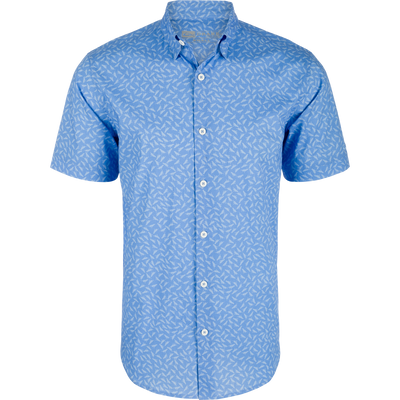 Cotton Lab Print Short Sleeve Shirt featuring a white bird design, soft cotton blend, hidden button-down collar, and sculpted hem for versatile styling.