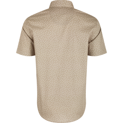 Back view of the Cotton Lab Print Short Sleeve Shirt, showcasing its classic fit, hidden button-down collar, and sculpted hem for versatile styling.