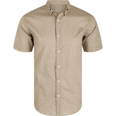 Cotton Lab Print Short Sleeve Shirt with hidden button-down collar, close-up showing soft cotton blend poplin fabric, perfect for versatile styling in casual or professional settings.