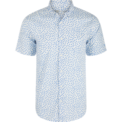 Cotton Lab Print Short Sleeve Shirt featuring a blue bird pattern, crafted from soft cotton blend poplin with a classic fit and hidden button-down collar.