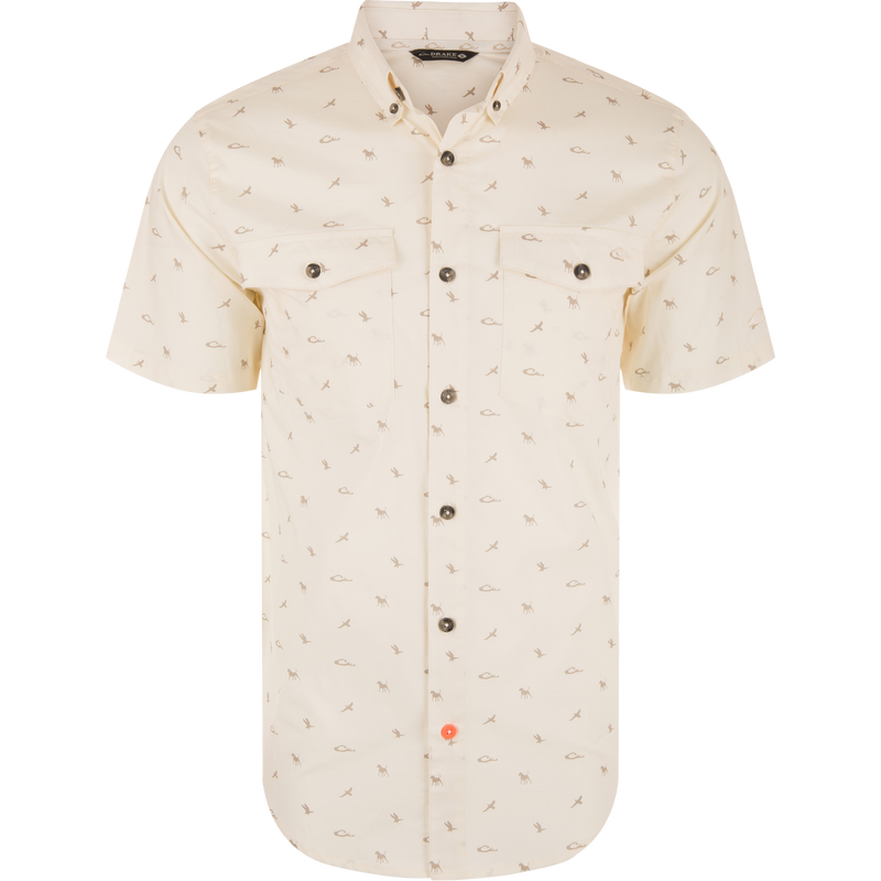 Men's Cotton DDD Print Shirt featuring a light cream tone, micro-print icons, point collar, button closure, two chest pockets, and a contrasting coral button detail.