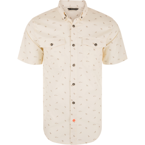 Men's Cotton DDD Print Shirt featuring a light cream tone, micro-print icons, point collar, button closure, two chest pockets, and a contrasting coral button detail.