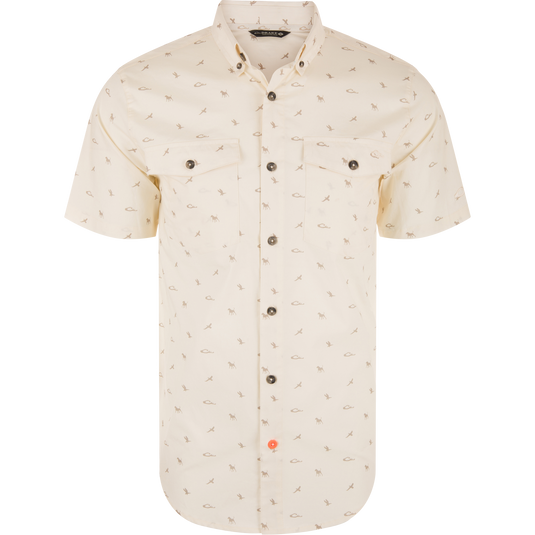 Men's Cotton DDD Print Shirt featuring a light cream tone, micro-print icons, point collar, button closure, two chest pockets, and a contrasting coral button detail.