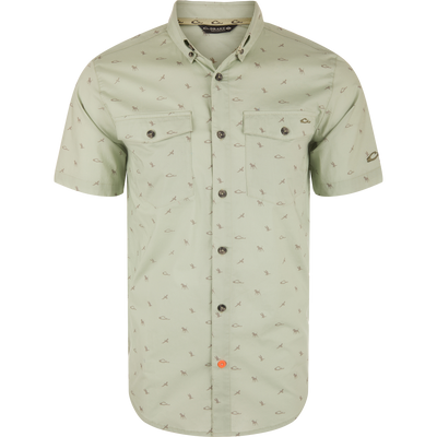 Cotton DDD Print Shirt with button-down collar, flap chest pockets, and bird and animal motifs. Features a distinctive orange accent button and Drake branding.