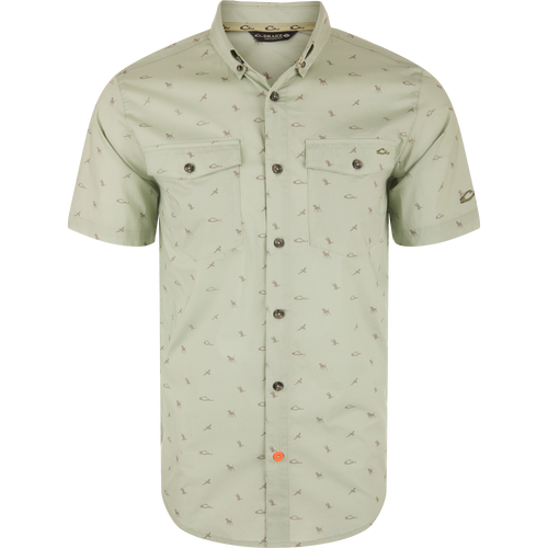 Cotton DDD Print Shirt with button-down collar, flap chest pockets, and bird and animal motifs. Features a distinctive orange accent button and Drake branding.