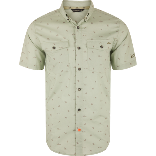 Cotton DDD Print Shirt with button-down collar, flap chest pockets, and bird and animal motifs. Features a distinctive orange accent button and Drake branding.