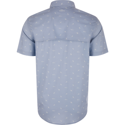 Back view of the Cotton DDD Print Shirt, featuring a vented yoke and small white silhouettes of birds and fish on a light-blue, short-sleeve design.