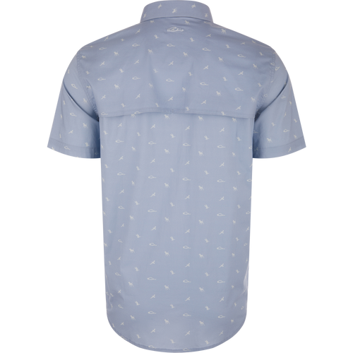 Back view of the Cotton DDD Print Shirt, featuring a vented yoke and small white silhouettes of birds and fish on a light-blue, short-sleeve design.