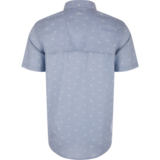 Back view of the Cotton DDD Print Shirt, featuring a vented yoke and small white silhouettes of birds and fish on a light-blue, short-sleeve design.