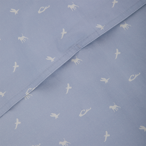 Cotton DDD Print Shirt close-up featuring light-blue fabric with small white animal and bird silhouettes, highlighting intricate stitching and seamless design. Ideal for casual, outdoor-inspired wear.