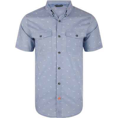 Cotton DDD Print Shirt with button-down collar, featuring light-blue short sleeves, two chest pockets, small white motifs, and a unique orange button on the placket.
