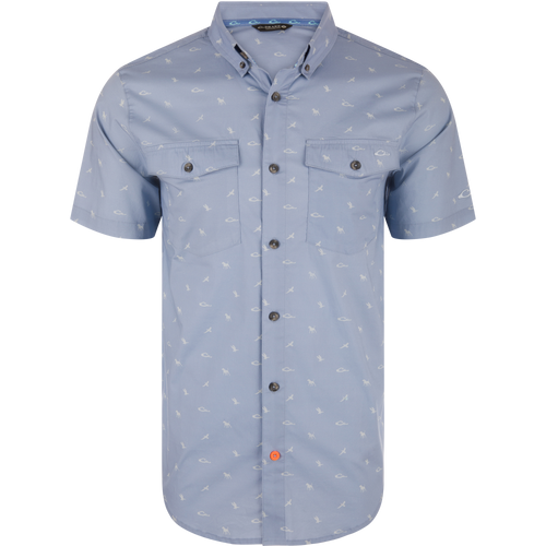Cotton DDD Print Shirt with button-down collar, featuring light-blue short sleeves, two chest pockets, small white motifs, and a unique orange button on the placket.