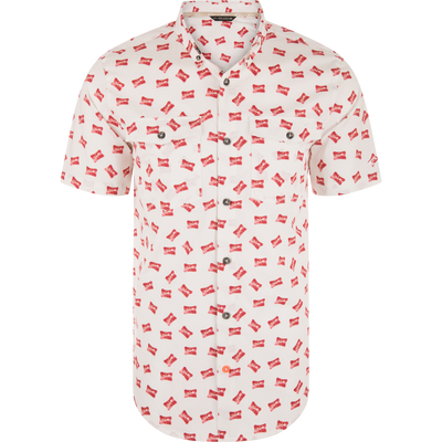 Cotton Drake Life Print Short Sleeve Shirt with Drake motif, camp collar, two flap chest pockets, and dark buttons, offering comfort and stretch for versatile wear.