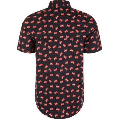Cotton Drake Life Print Short Sleeve Shirt with red candy motifs, featuring a vented yoke and flap pockets. Ideal for versatile comfort and style.