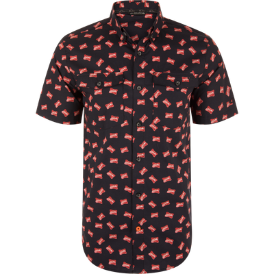 Men’s Cotton Drake Life Print Short Sleeve Shirt with two flap pockets, red Drake logos, and an orange button on a black background.