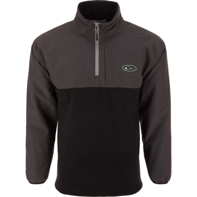 Eqwader Half Zip Pullover with waterproof upper shell, breathable black fleece body, and chest zip pocket, designed for enhanced comfort and protection in waterfowl hunting.