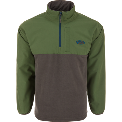 Eqwader Half Zip Pullover: Men's quarter-zip jacket with wind-resistant upper, fleece lower, chest pocket, and stand-up collar, designed for comfort and performance in hunting.