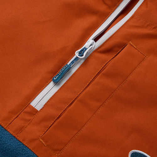 Eqwader Half Zip Pullover featuring orange shell with white zipper, teal Drake tab, and dark blue fleece lining for enhanced comfort and performance in hunting.