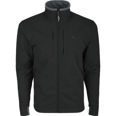 A black Windproof Soft Shell Jacket with logo, zippered pockets, pit zips, and drawcord waist. 100% polyester shell and bonded grid fleece lining.