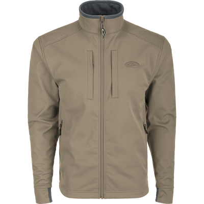 Windproof Soft Shell Jacket with YKK zippers and multiple pockets. Water resistant and durable for outdoor activities.