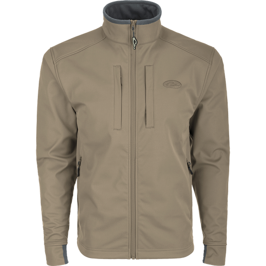 Windproof Soft Shell Jacket with YKK zippers and multiple pockets. Water resistant and durable for outdoor activities.
