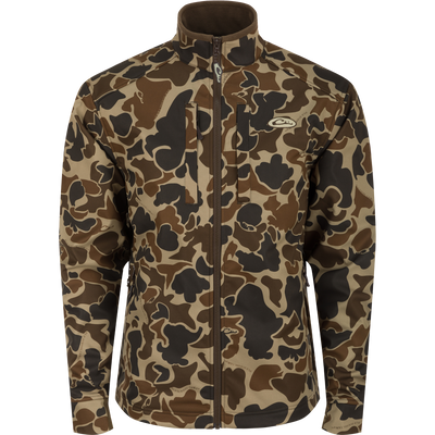Camo Windproof Softshell Jacket with chest and slash pockets, drawcord waist, zippered side pockets, and stretch cuffs, designed for wind and water resistance.
