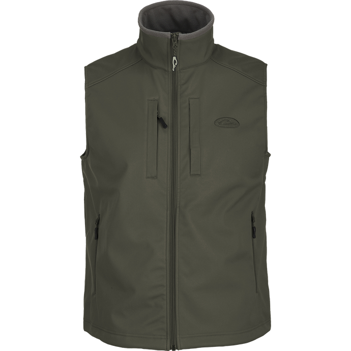 A Windproof Soft Shell Vest with multiple pockets for essential storage. Made from 100% polyester with bonded grid fleece lining. Windproof, water resistant, and adjustable for a comfortable fit.
