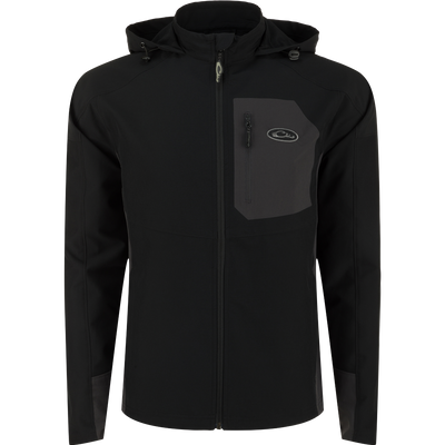 Rain Brake Lightweight Solid Softshell Jacket with adjustable hood and multiple pockets, ideal for inclement weather. Polyester/Spandex blend with DWR finish. From Drake Waterfowl, known for high-quality hunting and outdoor gear.