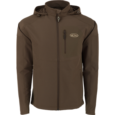 Rain Brake Lightweight Solid Softshell Jacket by Drake Men's, a high-quality hunting essential. Polyester/Spandex blend with DWR finish. Adjustable hood and hem, YKK zippers, and internal pockets for versatility.