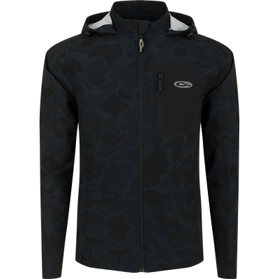 Rain Brake Lightweight Softshell Jacket by Drake Men's, featuring adjustable hood and hem, YKK zippered pockets, and water-resistant finish. Ideal for outdoor activities.