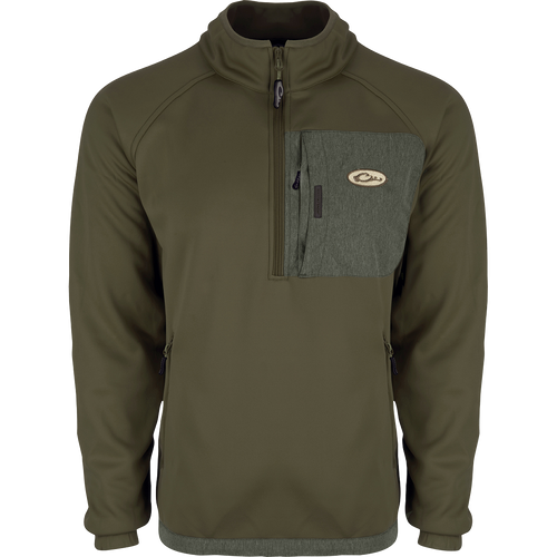 Endurance 1/4 Zip Pullover: Green jacket with pocket and zipper. Ideal for early to mid-season conditions. Features raglan sleeves and lower zippered slash pockets for essentials.