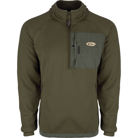 Endurance 1/4 Zip Pullover: Green jacket with pocket and zipper. Ideal for early to mid-season conditions. Features raglan sleeves and lower zippered slash pockets for essentials.