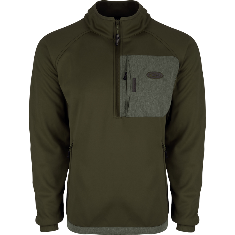 Endurance 1/4 Zip Pullover: Green jacket with zipper and pocket. Ideal for early to mid-season conditions. Raglan sleeves for improved range of motion. Lower zippered slash pockets for keys and wallet. Made of 100% polyester.