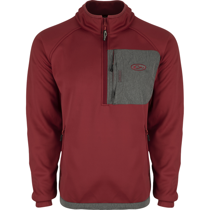Endurance 1/4 Zip Pullover: Red and grey jacket with raglan sleeves and zippered slash pockets for keys and wallet. Ideal for early to mid-season conditions.