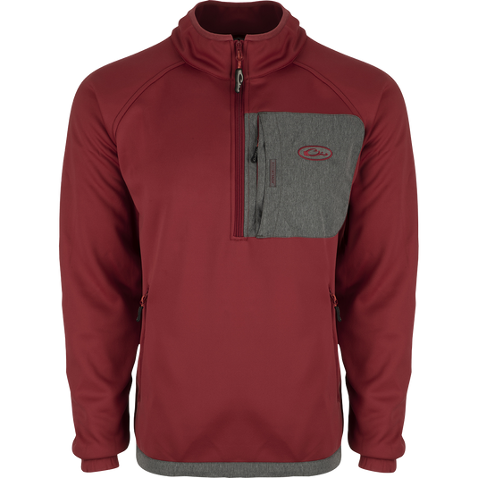 Endurance 1/4 Zip Pullover: Red and grey jacket with raglan sleeves and zippered slash pockets for keys and wallet. Ideal for early to mid-season conditions.